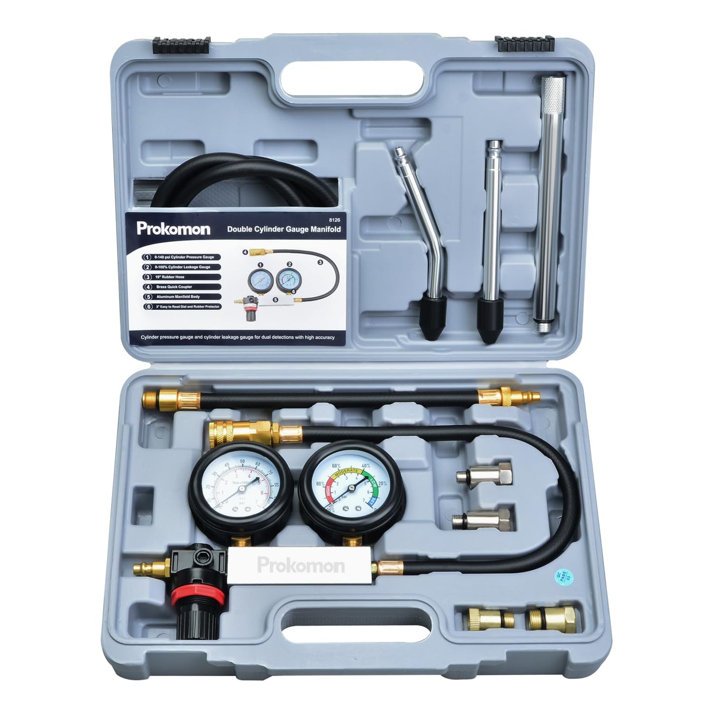 Prokomon Engine Cylinder Leak Down Tester Kit;Cylinder Leakage Tester Set for Pressure Check and Leakage Rate Test;Gasoline Engi